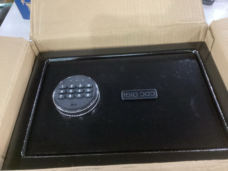 Condition photo showing Good Condition for safe,0.8 cubic feet safe box,anti-theft digital security lock box with electronic keypad and key, fire proof safes for home documents firearm medicine money valuables,13.8"w x 9.8"d x 9.8"h 0.80 cubic feet black