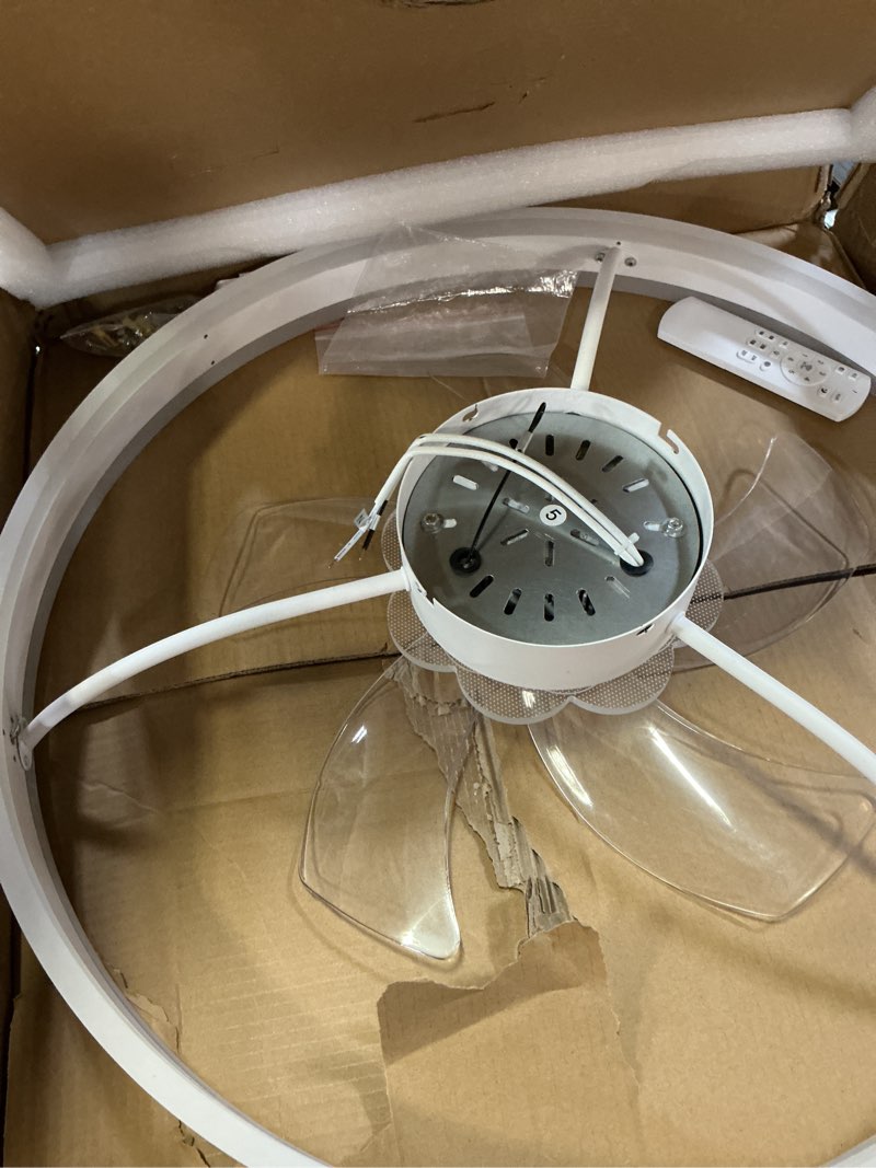 Condition photo showing As Is for 20‘’ ceiling fan with light, upgraded low profile fan, flush mount ceiling fan, 6 speeds, dimmable led, app & remote control, quiet dc motor, for bedroom, living room, f115 white