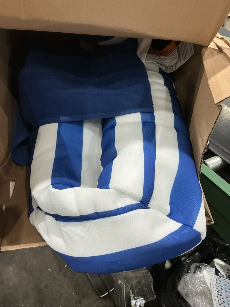 Condition photo showing As Is for big joe noodle sling xl pool float, nautical stripe, doubled-sided mesh, quick draining fabric, no inflation needed nautical stripe noodle sling xl