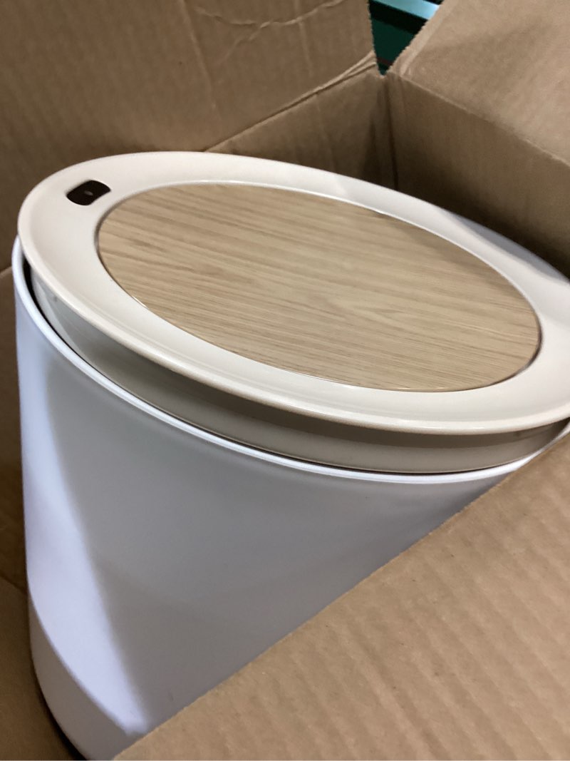 Condition photo showing Good Condition for motion senor bathroom trash can with lid, 2.38 gal mini garbage can, smart automatic touchless open, round decorative trashcan with legs and wood grain top, for kitchen bedroom office, plastic, white