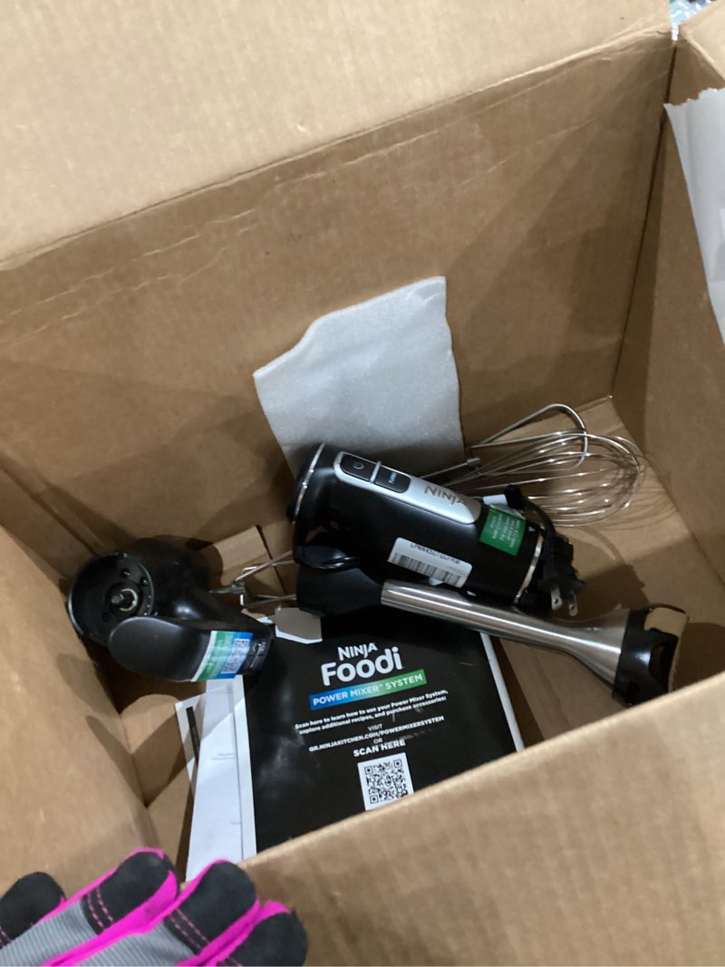Condition photo showing As Is for Ninja Hand Mixer, Immersion Blender, Foodi Power Mixer System, 750-Peak-Watt Handheld Emulsion Blender & Electric Hand Mixer Combo With Whisk, Beaters & 3-Cup Blending Vessel,120 volts, Black CI101