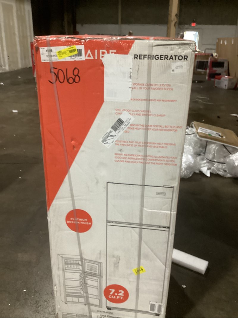 Condition photo showing Good Condition for Frigidaire, 2 Door Apartment Size Refrigerator with Freezer, 7.5 cu ft, Adjustable Spill-Proof Shelves, Door & Crisper Bins, Platinum Silver, Garage Ready Quicksilver 7.5 cu ft