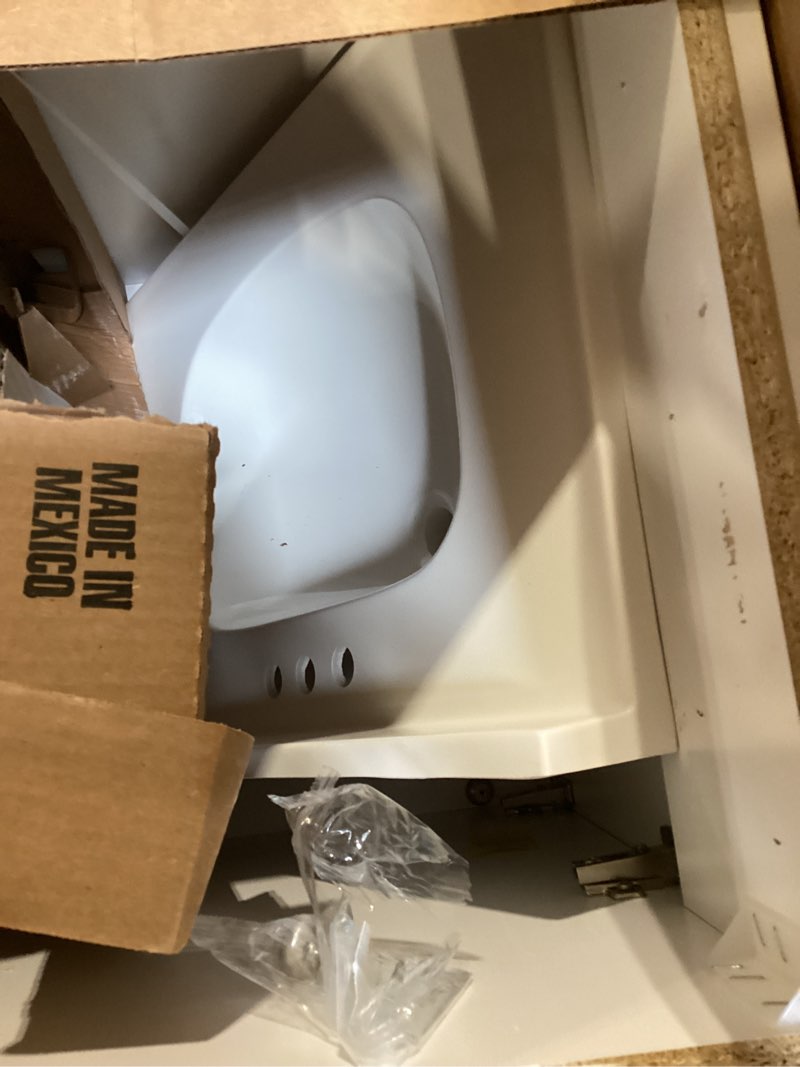 Condition photo showing As Is for project source dover 24-in true white single sink bathroom vanity with white cultured marble top