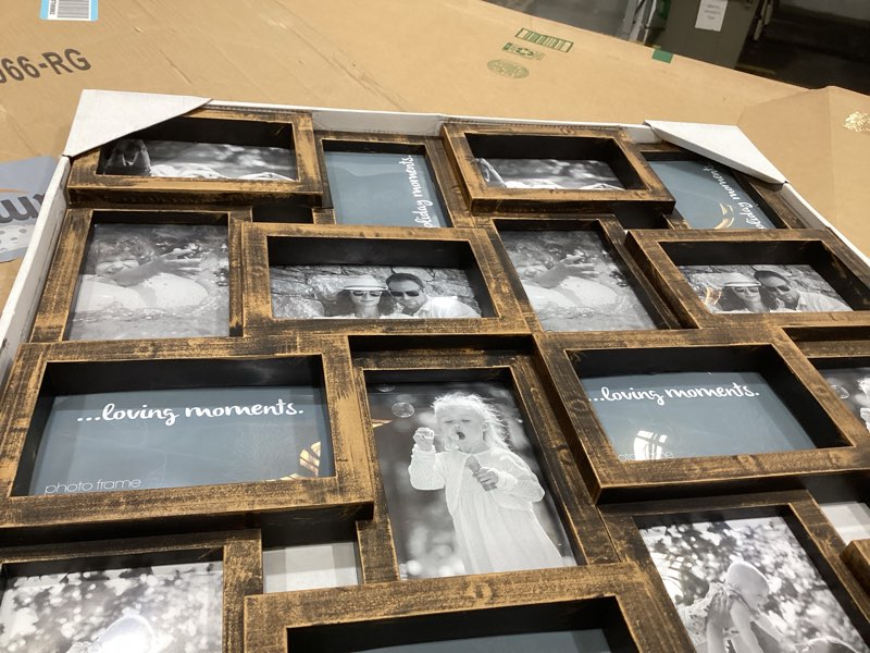Condition photo showing As Is for songmics 4x6 collage picture frames, 12-pack photo collage frame for wall decor, glass front, assembly required, rustic brown urpf022x01 12 pack rustic brown