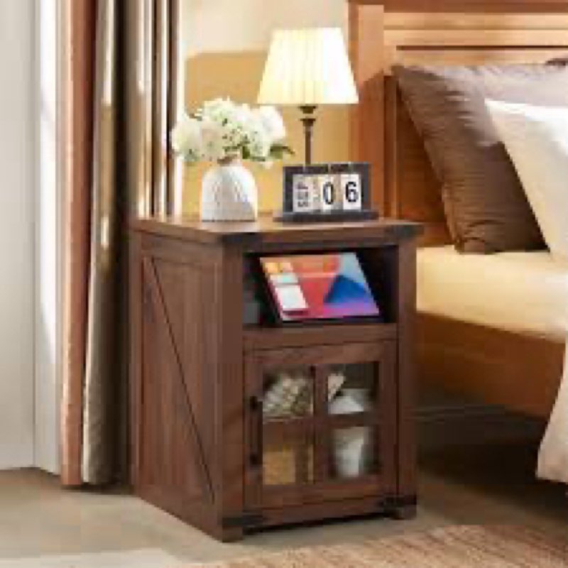 Farmhouse Nightstand With Charging Station, Rustic End Table With Tempered Glass Barn Door, Wood Sofa Side Bedside Table With Open Storage Shelf For Living Room, Bedroom