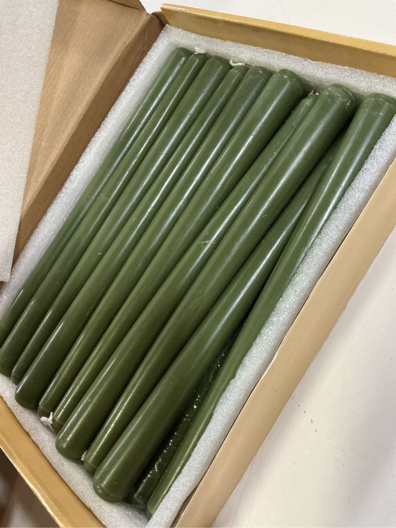 Condition photo showing Good Condition for viyffo taper candles, 10 inch, 20 pack, olive glow – unscented, dripless & smokeless design, up to 8 hour burn – long tall taper candlesticks for wedding, dinner & home decor 10"20pcs-olive glow