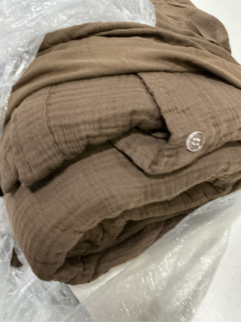 Condition photo showing As Is for organic cotton gauze duvet cover, king/cal king, chocolate