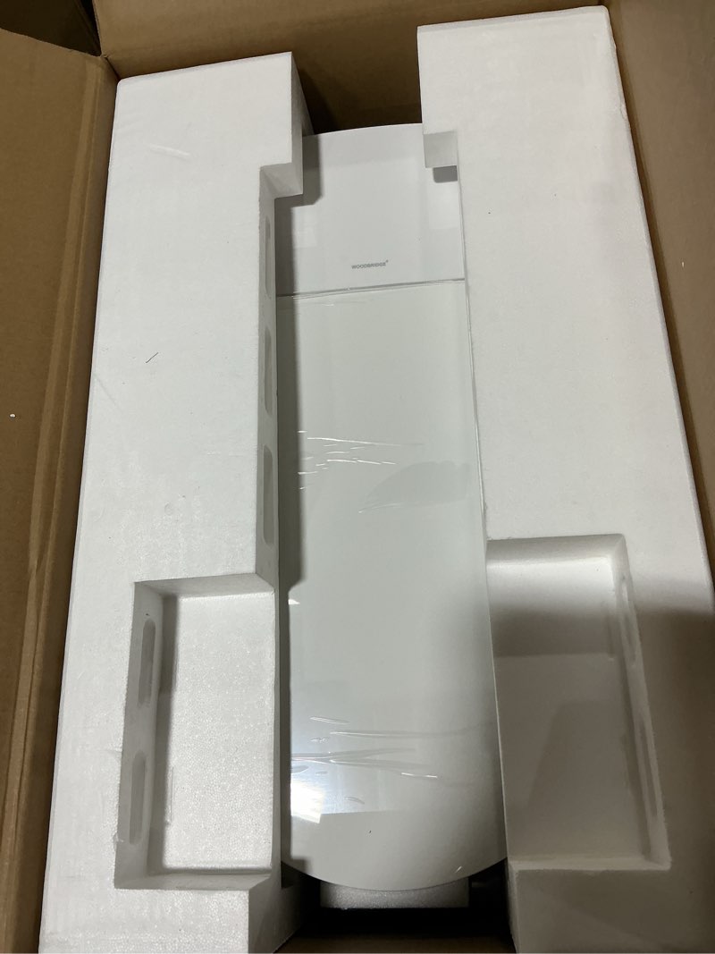 Condition photo showing As Is for woodbridge smart toilet with 1000g map flush score, foam shield, moving dryer, blackout flush, ada comfort chair height, auto open & close,heated seat, ebt350 white