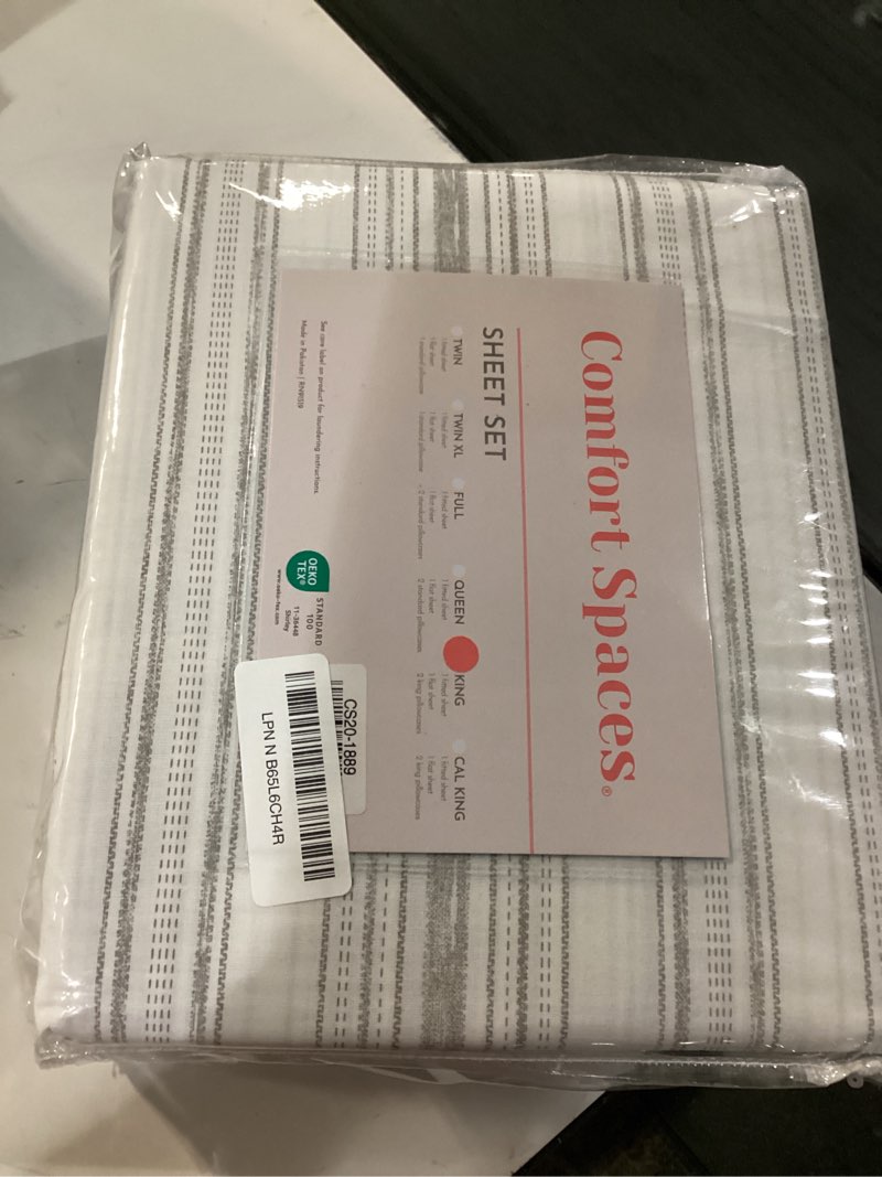 Condition photo showing New/Like New for comfort spaces 100% cotton sheets king, breathable, naturally cool cotton sheets, soft cotton bed sheets with 14" elastic pocket fits up to 16" mattress, all seasons sheet set, good vibes grey 4 piece good vibes grey king