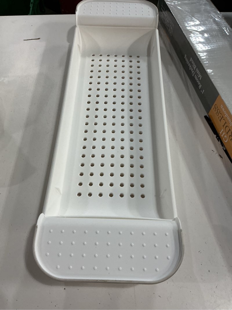 Condition photo showing As Is for madesmart expandable bath shelf, adjustable bathtub tray for bath-night, holds glasses, soaps, toys & bath essentials, non-slip grip, fits most tubs, white