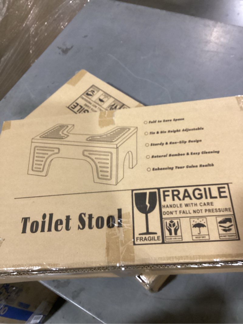 Condition photo showing New/Like New for foldable bamboo toilet stool squat adjustable heights for adults and kids, 7" & 9" flip poop stool for bathroom - improve squatting posture and comfort, portable potty step stool with anti-slip layer burlywood
