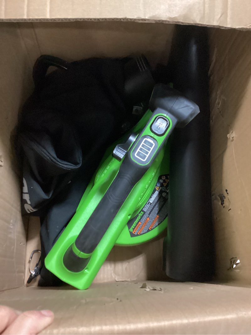 Condition photo showing As Is for Greenworks 40V (230 MPH / 505 CFM) Cordless Brushless Leaf Blower/Vacuum with Bag, High Power, Lightweight & Quiet for Yard Debris Cleanup, Includes 5.0Ah Battery & Charger Blower/Vac (230 MPH / 505 CFM) 5.0Ah Battery
