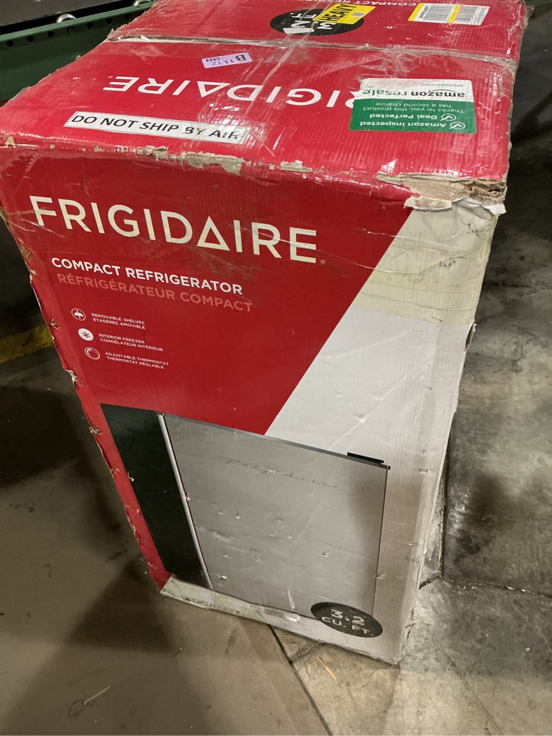 Condition photo showing As Is for Frigidaire EFR321-AMZ 3.1 cu ft Stainless Steel Mini Fridge, Perfect for Home or The Office, Platinum Series 3.2 cu ft