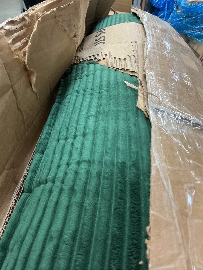 Condition photo showing As Is for (incomplete )113'' l shaped cloud couch, 4-seater modular sectional sofa with double layer upholstered seat cushion, corduroy deep seat couches with ottoman & pillows for living room & apartment, green 4-seater green