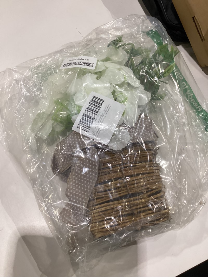 Condition photo showing Good Condition for cream hydrangea basket wreath - spring front door decor with rattan basket & burlap bow, farmhouse porch wreath for wedding, easter, year-round home decoration