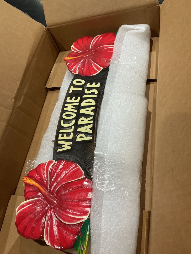 Condition photo showing Good Condition for forever bamboo 20" l welcome to paradise tropical sign red hibiscus wall decor for tiki bar