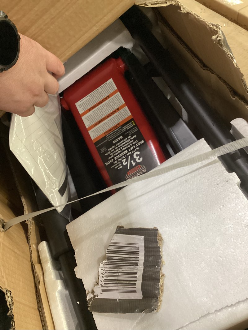 Condition photo showing As Is for blackhawk b6350 black/red fast lift service jack - 3.5 ton capacity, 28 1/2" l x 13 3/4" w x 6 1/2" h