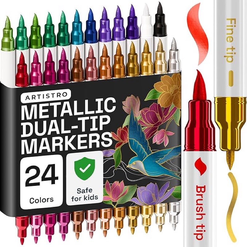 artistro 24 metallic dual tip brush + fine acrylic paint markers - easy for all ages & levels paint pens for fabric, rock, glass, diy - halloween pumpkin painting kit, art supplies, christmas gift