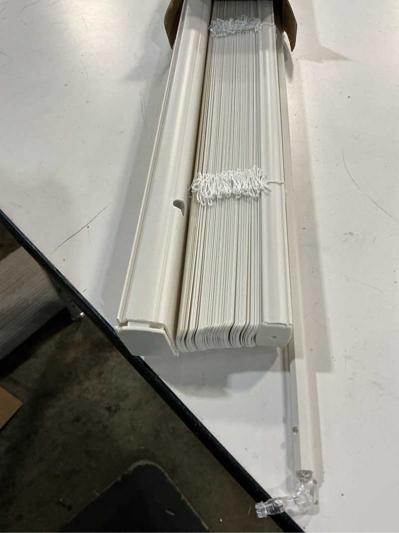Condition photo showing As Is for mainstays cordless 1" vinyl light filtering blinds, white, 43" width x 64" length