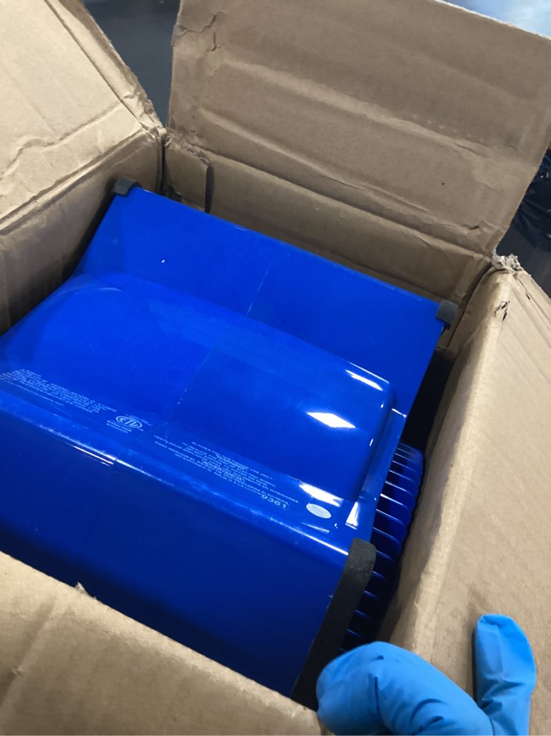 Condition photo showing item condition for Lasko X-Blower High Velocity Pivoting Utility Blower Fan for Cooling, Ventilating, Exhausting, and Drying, 6 Position 3-Speed Floor Fan with AC Outlet, Circuit Breaker, USB Port, 11x9x12, Blue, X12905