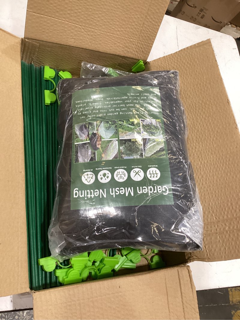Condition photo showing Good Condition for garden mesh netting kit, 10x30ft black ultra fine netting & 6 sets 8ft fiberglass garden hoops, garden netting with frame for raised beds, garden hoops and netting for row cover, plant insect barrier