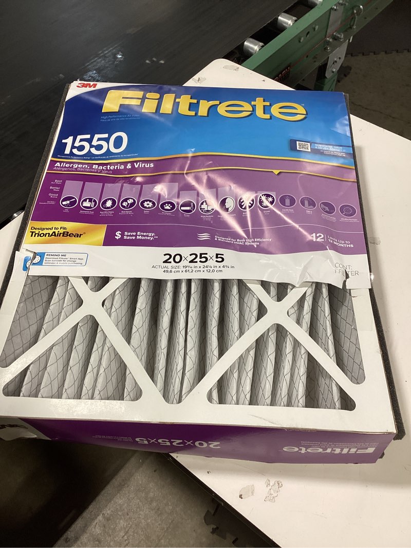 Condition photo showing Good Condition for filtrete 20-in w x 25-in l x 5-in merv 12 1550 mpr allergen, bacteria and virus electrostatic pleated air filter