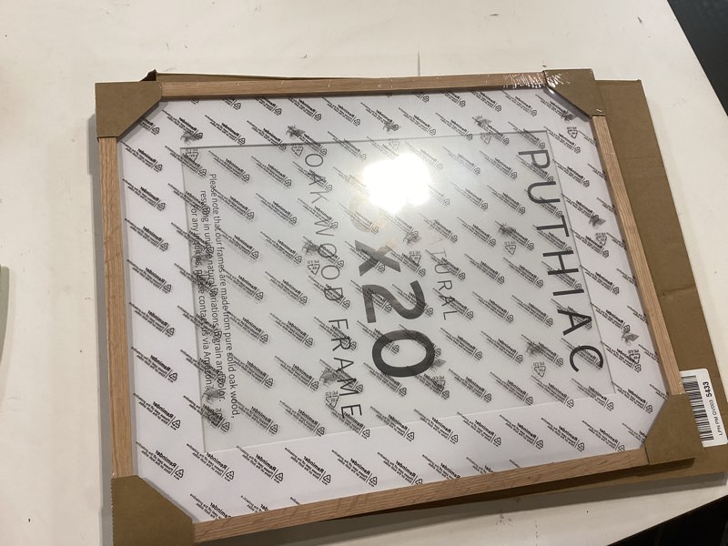 Condition photo showing New/Like New for puthiac 16x20 solid oak wood picture frame, fits 12x16 with mat or 16x20 without mat, wall display only, vertical or horizontal, plexi front, 1 pack, natural oak beige-1p 16x20