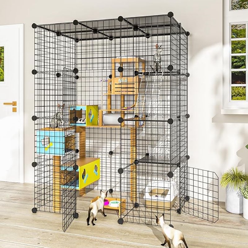 pawing cat large enclosure - diy catio ideal for 1-3 cats, indoor & outdoor, detachable metal wire kennel, 2x3x4 exercise place
