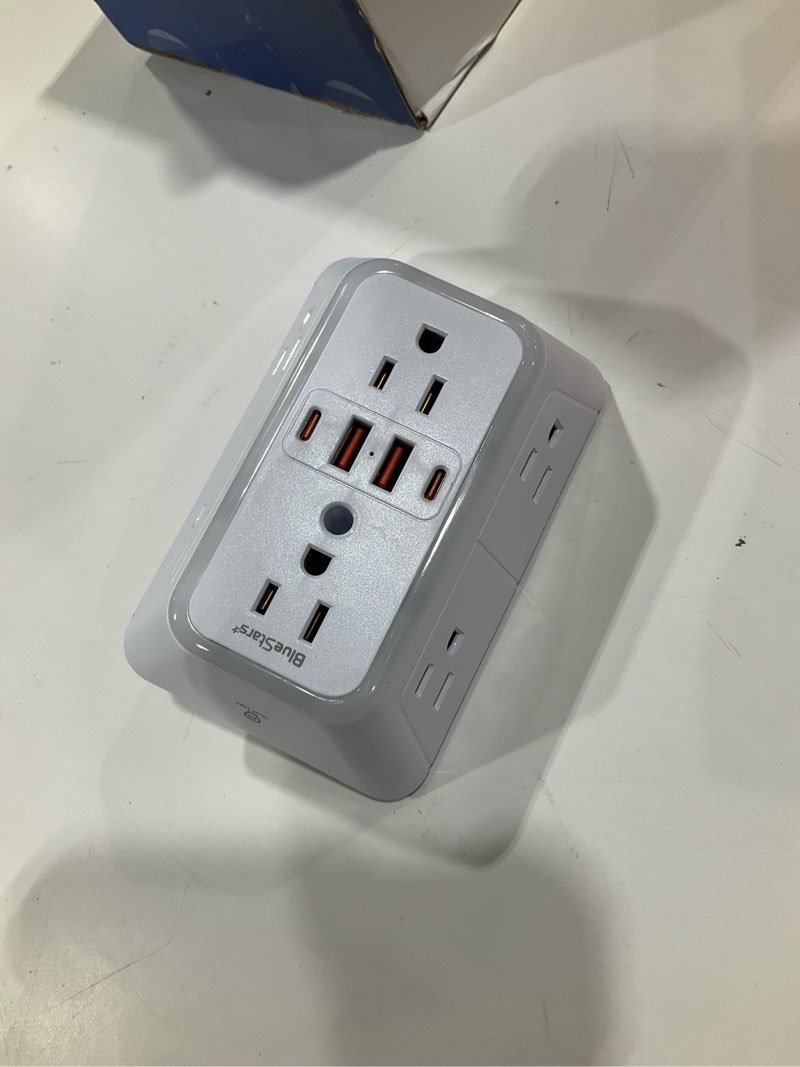 Condition photo showing Good Condition for wall mount power strips wall charger 6 outlet extender 4 usb ports (5v, 2.4a, 12w) and night light 3-sided power strip with adapter spaced outlets - multi plug outlet surge protector for home office white