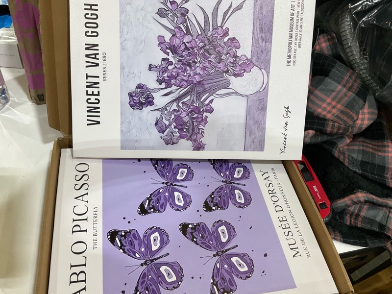 Condition photo showing Good Condition for van gogh canvas wall art set of 3, purple lavender flower market wall decor paintings, picasso butterfly aesthetic posters prints room decor for teen girls dorm bedroom bathroom 12x16in framed purple flowers wrapped canvas canvas 12''x 16'' x 3 pieces