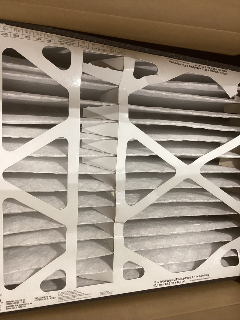 Condition photo showing As Is for Filtrete 16x25x5 AC Furnace Air Filter, MPR 1550, MERV 12, Fits Honeywell & Trion AirBear, CERTIFIED Asthma & Allergy Friendly, Electrostatic Air Filter, 1-Pack (actual size 15.75 x 24.13 x 4.88) 4.9" x 24.1" x 15.6"