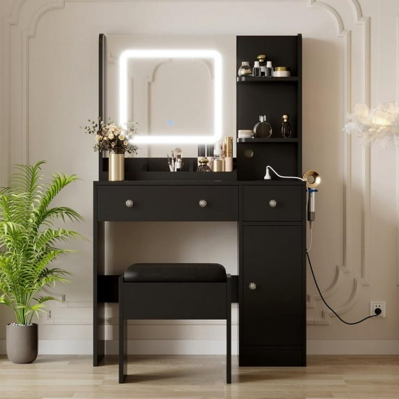 Garvee Vanity Desk with Mirror, Dressing Table with Lights in 3 Colors, Girls Makeup Vanity Set with Charging