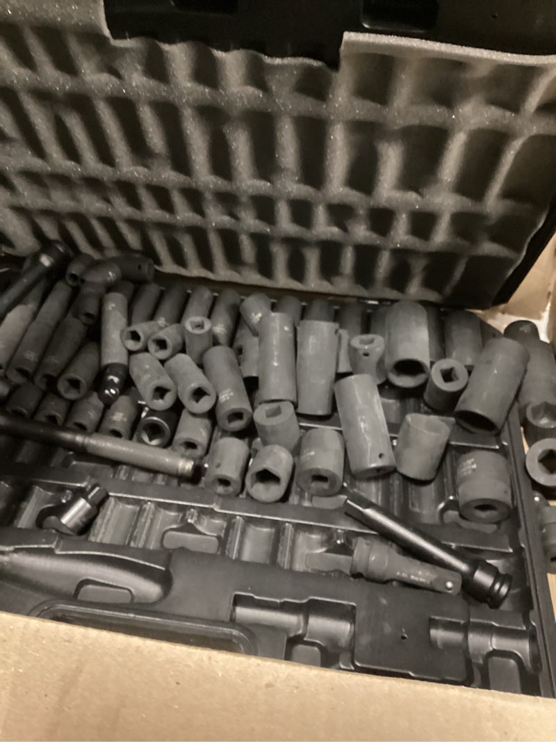 Condition photo showing As Is for Impact Socket Wrench Set 1/2" Drive - Trivd Frol 65pcs Impact Socket Set Metric and Standard Full, Metric Socket Set 8-24mm & SAE Socket Set 3/8"-1-1/4", Shallow & Deep Socket Set, Extensions, Adapter