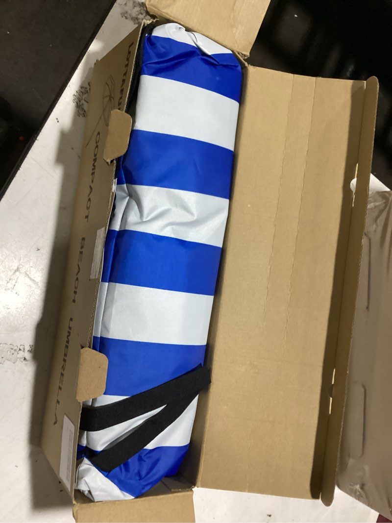 Condition photo showing New/Like New for lottafun 6ft beach umbrella - heavy duty wind resistant uv 50+ portable sun shade with sand anchor & carry bag, outdoor folding umbrella for beach, pool, patio, garden (blue strip) no tilt the sand needs to exceed the spiral 6inch
