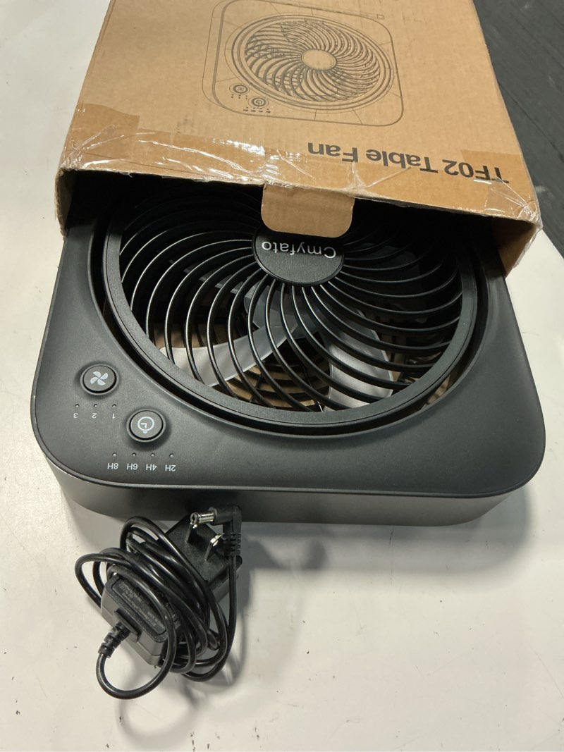 Condition photo showing Good Condition for amacool table fan, 12 inch box fan with 3 speeds & 8hrs timer, 270° pivoting quiet air circulator, desktop fan for bedroom bathroom kitchen office, ac adapter included, co-branded with cmyfato-black black 12"