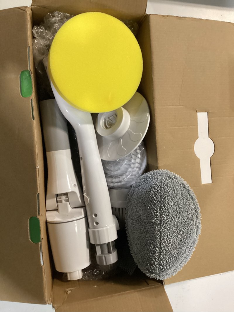 Condition photo showing As Is for vewior electric spin scrubber, cordless cleaning brush with 3 adjustable angle 2 speeds 3 replaceable brush heads, electric cleaning brush for floor bathroom tub tile kitchen window