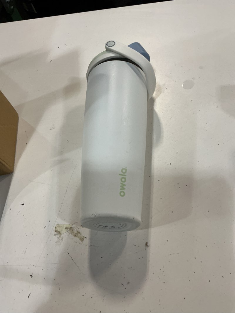 Condition photo showing As Is for owala freesip sway insulated stainless steel water bottle with two-way spout, built-in straw and bucket handle, made for travel, school, and sports, 30oz, bpa free, leak proof, iced breeze iced breeze 30 ounces