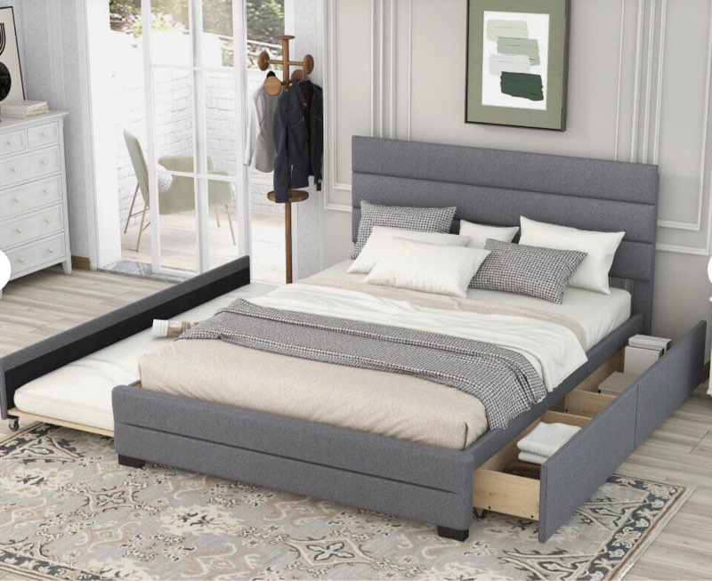 BOX ONE OF TWO ONLY)))Upholstered Platform Bed With Trundle And Two Drawers