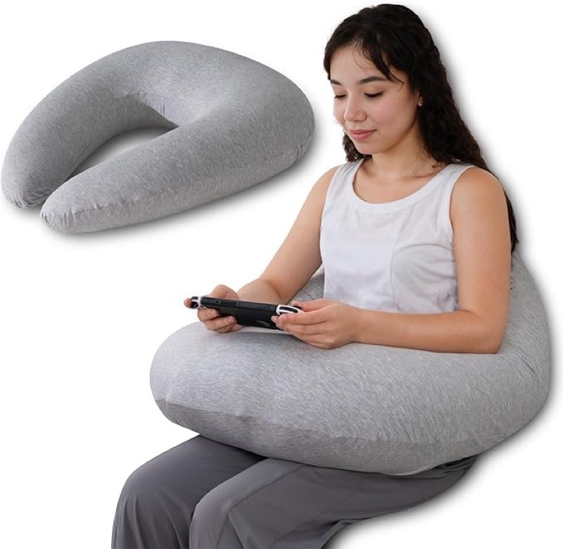 queen rose reading pillow for gaming, lap desk pillow for sitting in bed or sofa, compact arm support pillow for reading, playing or crocheting, cooling grey