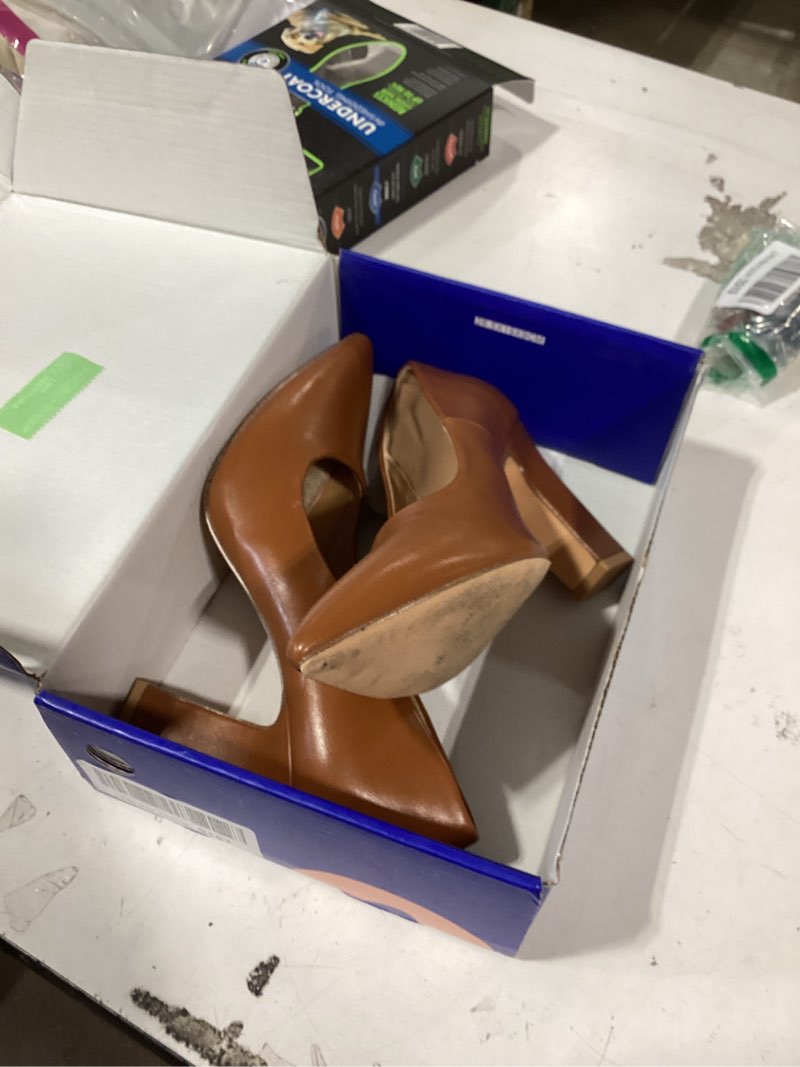 Condition photo showing As Is for trary heels for women closed pointed toe chunky pumps shoes women block high heels comfortable slip-on dress office party wedding shoes 3.54" heel 7 brown