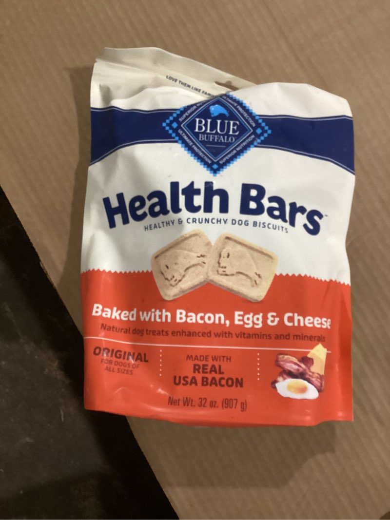 Condition photo showing As Is for Blue Buffalo Health Bars Mini Crunchy Dog Biscuits, Oven-Baked with Natural Ingredients, Bacon, Egg & Cheese, 32-oz Bag
