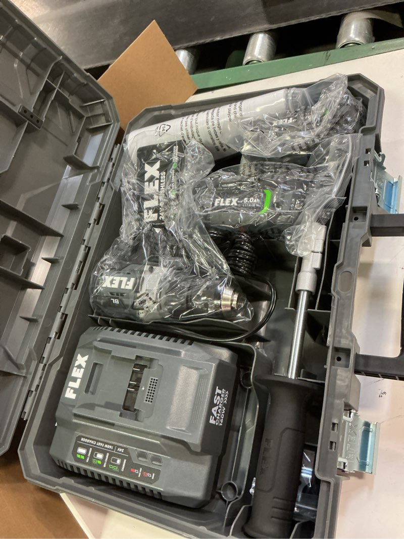 Condition photo showing As Is for (battery don’t work)FLEX 24V Brushless Cordless 1/2-Inch 1,400 In-Lbs Torque 2-Speed Drill Driver Turbo Mode Kit with 2.5Ah, 5.0Ah Lithium Batteries and 160W Fast Charger - FX1171T-2B 1,400 In-Lbs w/2.5Ah + 5.0Ah Batteries