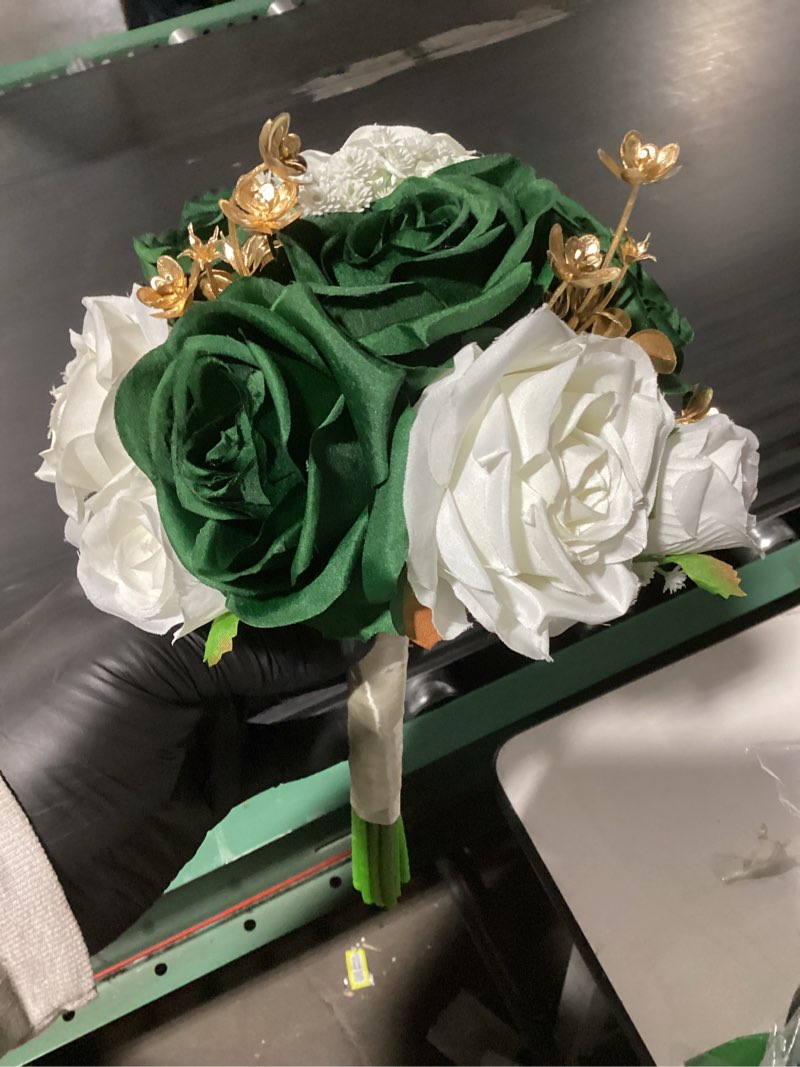 Condition photo showing Good Condition for Wedding Bridesmaid Bouquets, Artificial Silk Flowers Arrangement for Ceremony Marriage Proposal Party Anniversary Decorations - Emerald Green & Gold & White