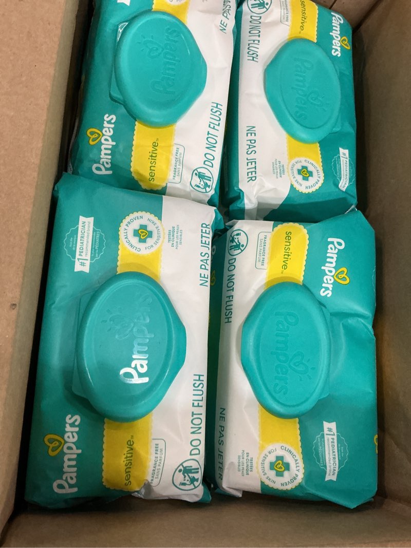 Condition photo showing New/Like New for pampers sensitive baby wipes, water based, hypoallergenic and unscented, 8 flip-top packs, 4 refill packs (1008 wipes total) 84 count (pack of 12)