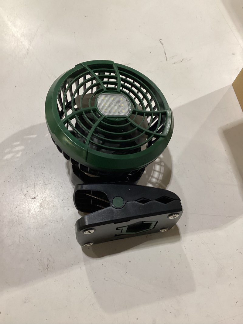 Condition photo showing New/Like New for durapower clip-on camping fan with led lantern, magnetic base & hanging hook – ideal for travel, tent, rv, picnic, treadmill, stroller, golf cart & home green