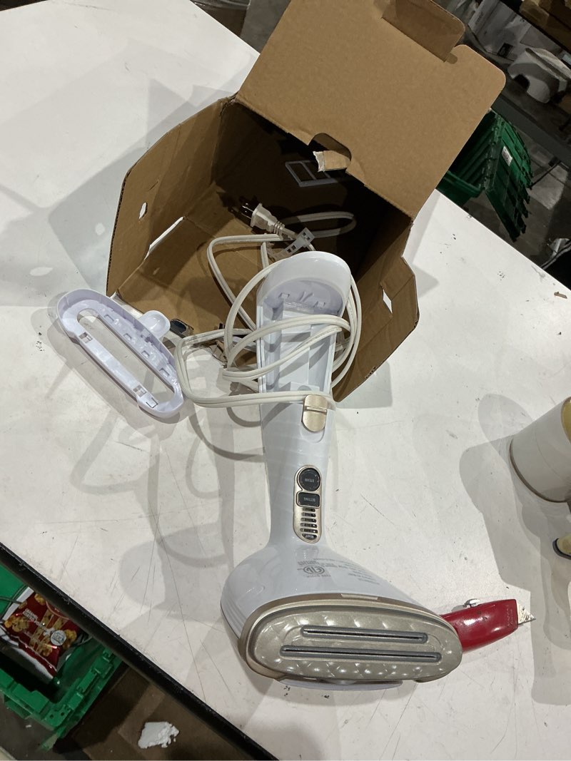 Condition photo showing As Is for conair handheld garment steamer for clothes, turbo extremesteam 1875w fabric steamer, portable handheld design, strong penetrating steam, white/champagne