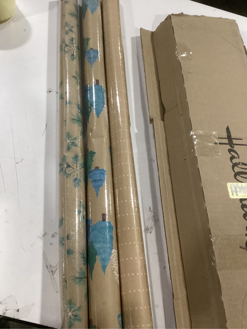 Condition photo showing New/Like New for Hallmark Christmas Wrapping Paper Rolls, Brown Kraft Snowflakes, Blue and Green Foliage, Trees Gift Wrap (Pack of 3: 90 sq. ft. ttl.) for Holiday Parties, Winter Weddings, Birthdays