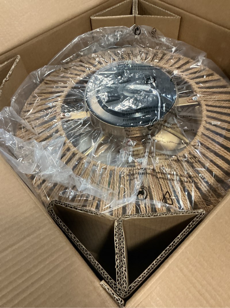 Condition photo showing Good Condition for 20" Boho Caged Fandelier with Lights Flush Mount Rattan Ceiling Fan with Lights and Remote Control, Enclosed 6 Speeds Low Profile Fan Light for Bedroom, Living Room, Kitchen