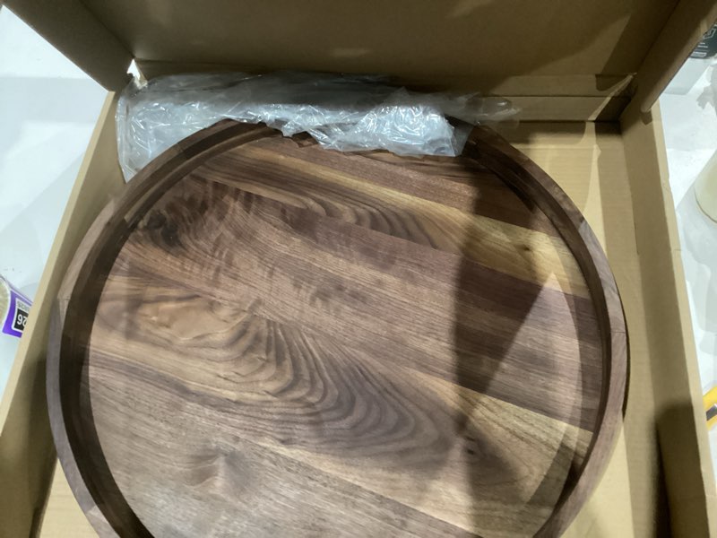 Condition photo showing Good Condition for 24 Inches Extra Large Round Black Walnut Wood Ottoman Tray with Handles, Serve Tea, Coffee or Breakfast in Bed, Classic Circular Wooden Decorative Serving Tray 24"