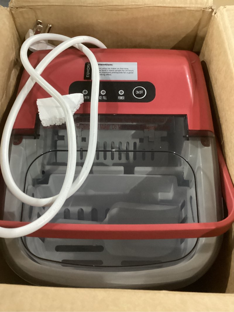 Condition photo showing Good Condition for not tested euhomy countertop ice maker machine with handle, 26lbs per day, 9 ice cubes ready in 6 mins, auto-cleaning portable ice maker with basket and scoop, for home/kitchen/camping/rv (red) red 26lbs